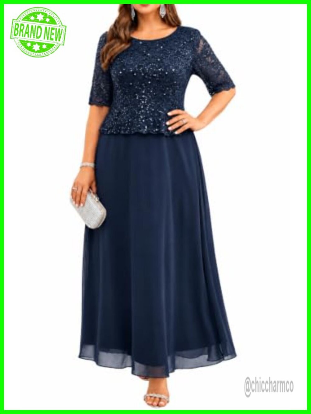 Sequin Lace Formal Dress Plus Size Maxi 3/4 Sleeve